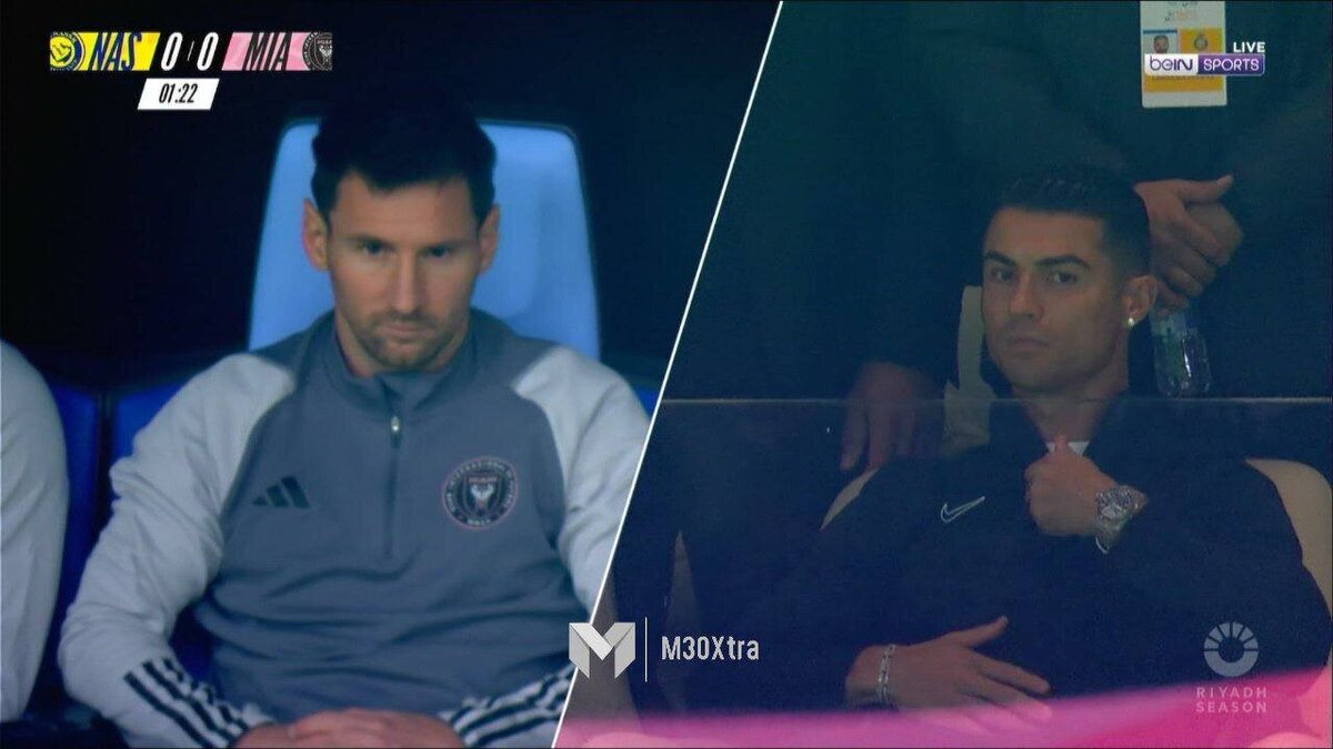 تصاویر واکنش معنادار رونالدو به تصویر همزمان خودش و مسی در نمایشگر استادیوم النصر