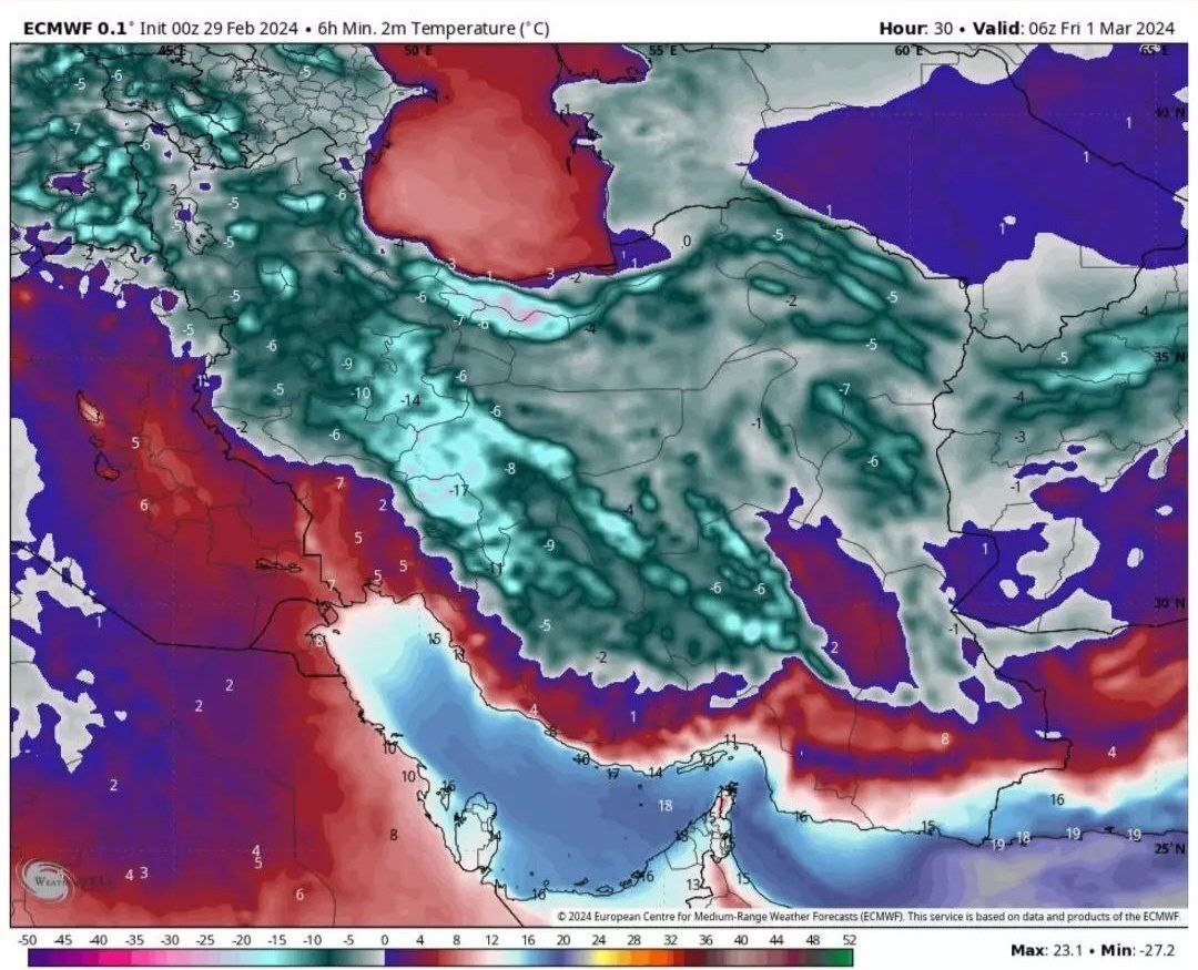 تصویر دیدنی نقشه ایران که یخبندان سراسری در کشور را نشان می‌دهد