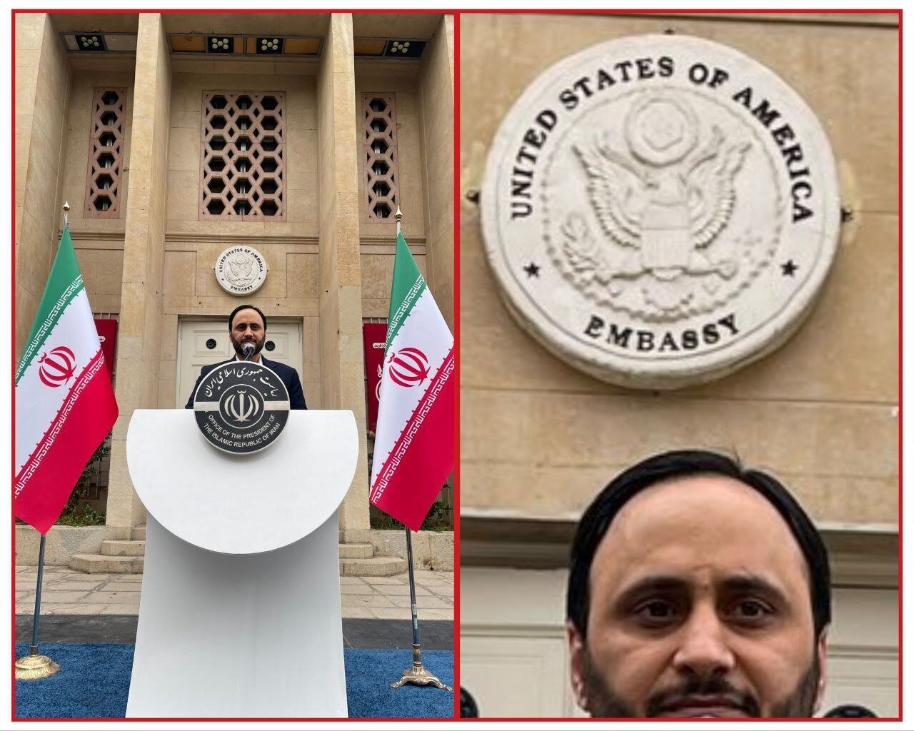 تصویر اقدام عجیب سخنگوی دولت ؛ نماد آمریکا بالاتر از پرچم ایران در نشست خبری جهرمی!