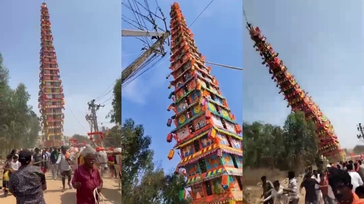 تصاویر لحظه سقوط معبد ۳۶ متری روی جمعیت + ویدئو